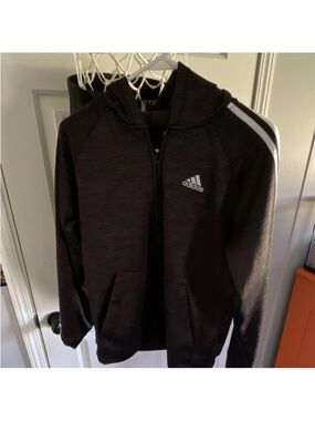 Adidas Kids' Black Zip-Up Hoodie Jacket with White Stripes Kids Size L